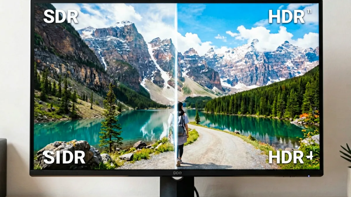 樱桃视频HDR10+内容在宽屏显示器上播放的效果对比，画面色彩鲜艳层次丰富